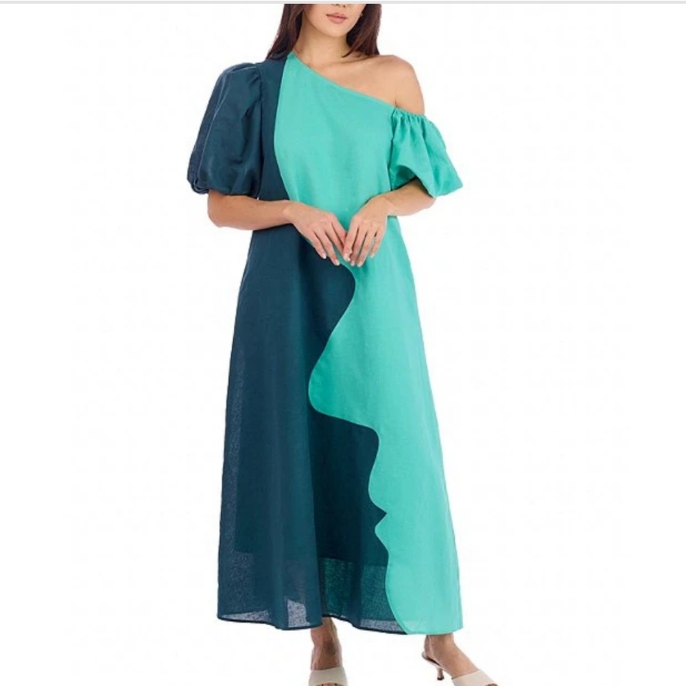 CROSBY by Mollie BurchLovett Colorblock Asymmetrical Neckline Short Puff Sleeve